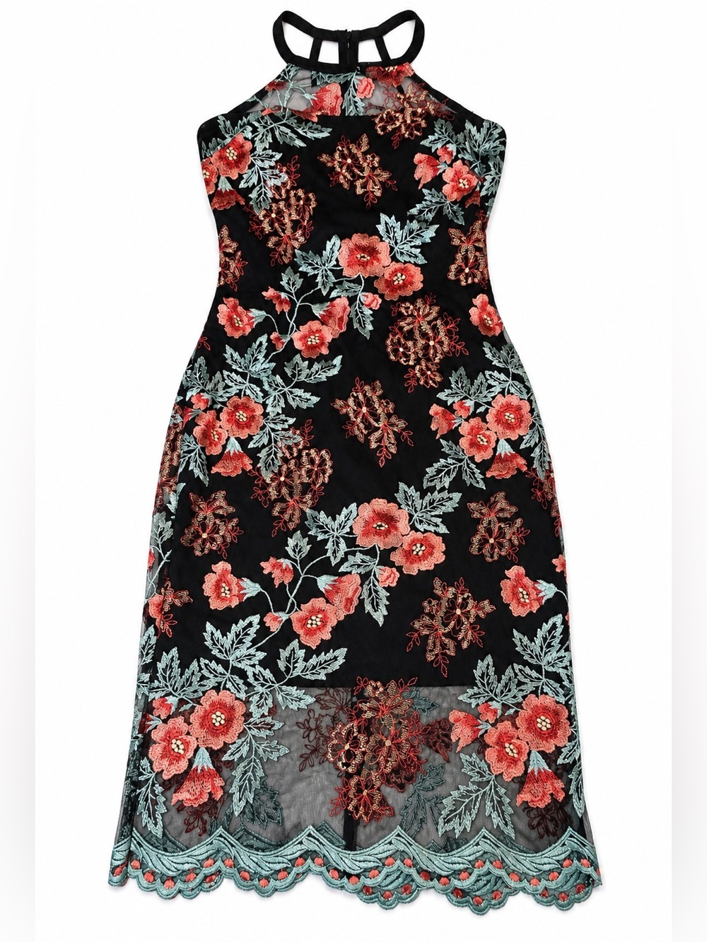 GUESS Y2K Embroidered Floral Mesh Midi Dress Size 6 Fairy Grunge Romantic